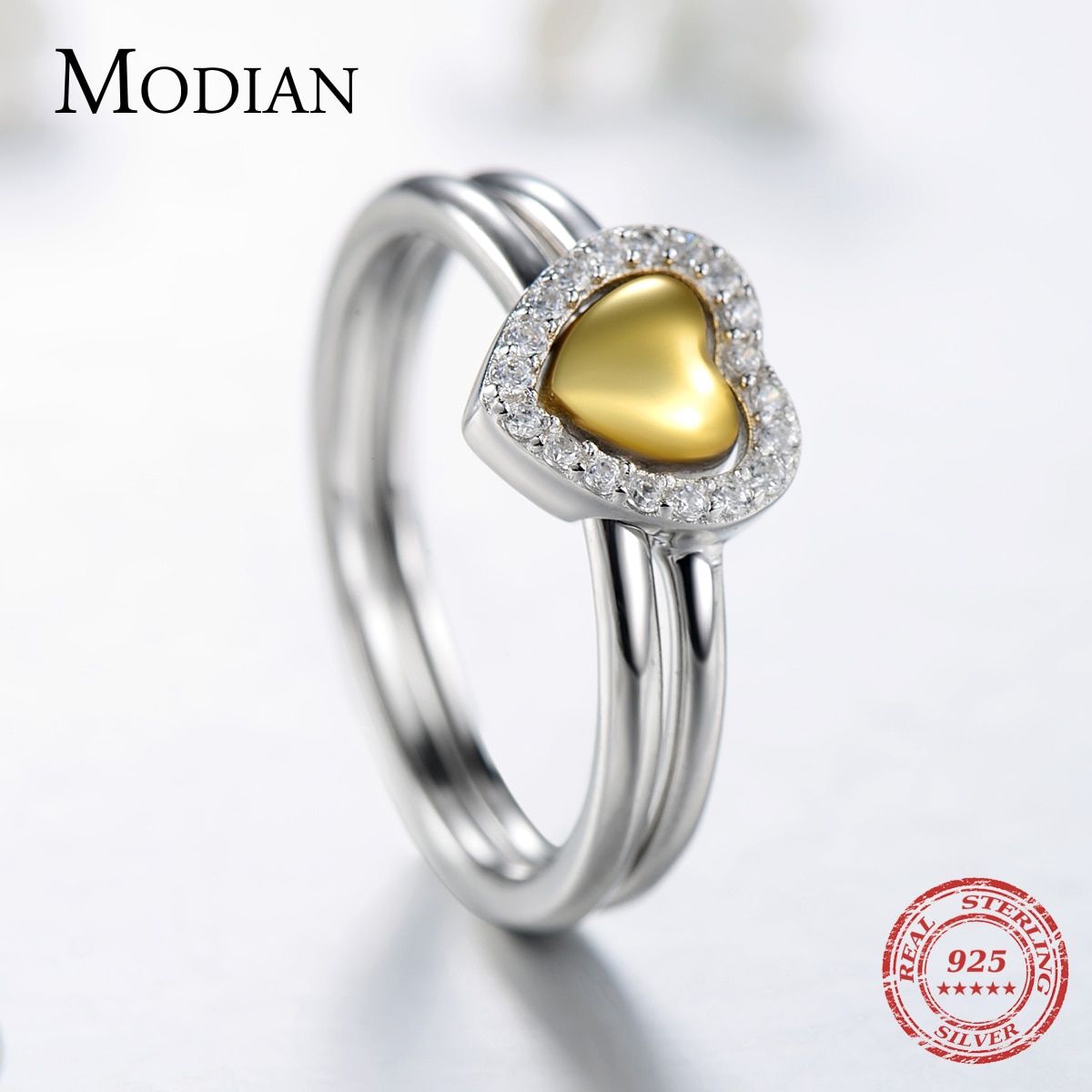 Modian 2019 925 Sterling Silver Double Heart Stackable Fashion Cubic Zirconia Finger Ring For Women Wedding Engagement Jewelry
