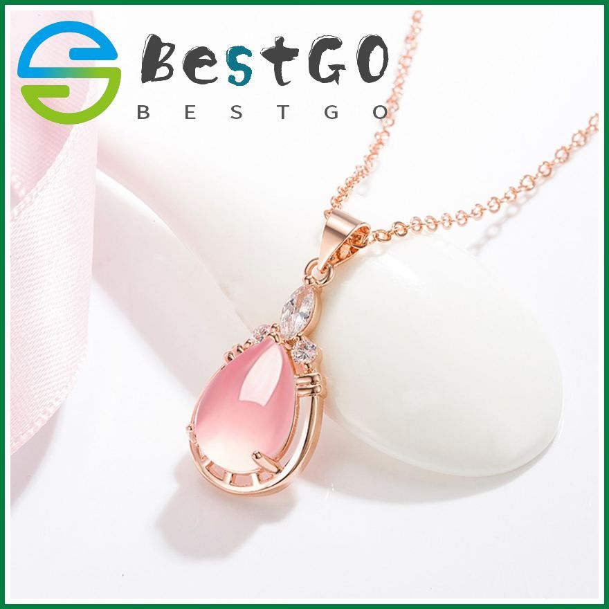 Korean Temperament Necklace Female Drop-Shaped Pink Crystal Pendant Simple Niche Word Chain Clavicle Chain Hibiscus Stone Pendant