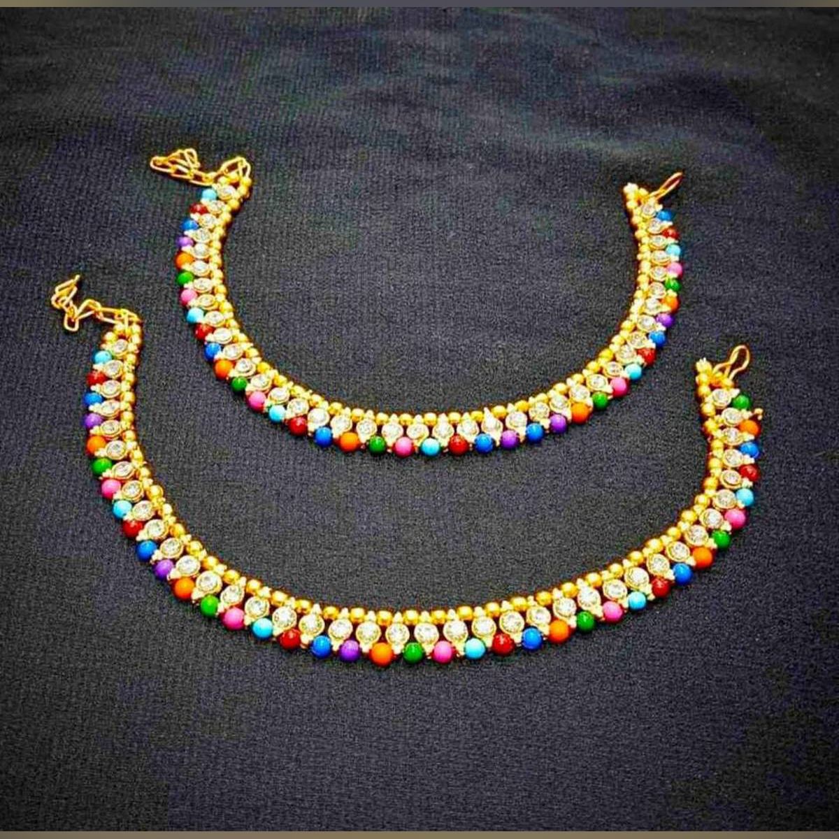 New Stone Setting with White Bead Golden Metal-Anklet (Payel) for Women-1-pices