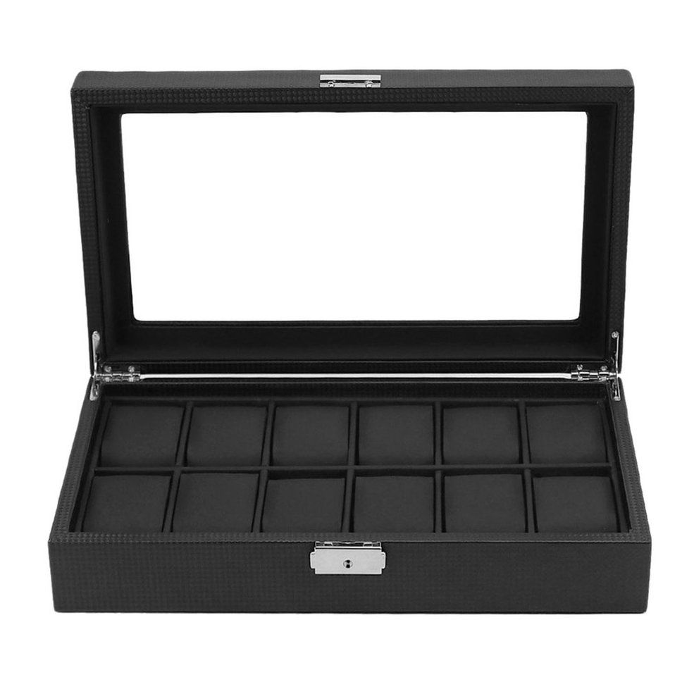 Carbon Fiber Black PU Leather Pillow 12 Grids Watch Case Wristwatch Holder-black