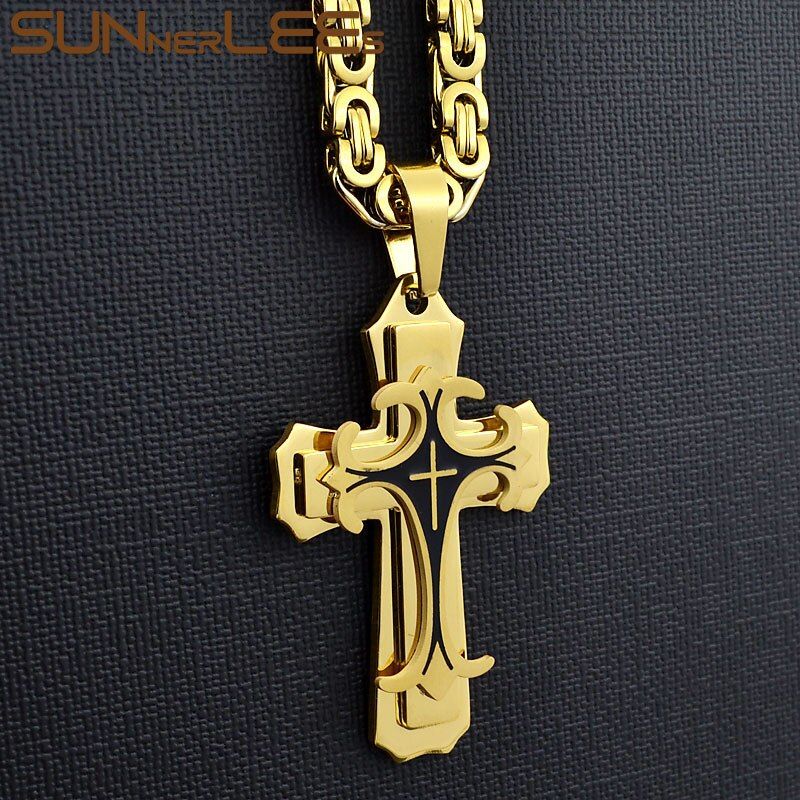 SUNNERLEES Stainless Steel Jesus Christ Cross Pendant Necklace Byzantine Link Chain Silver Color Gold Plated Men Boy Gift SP208