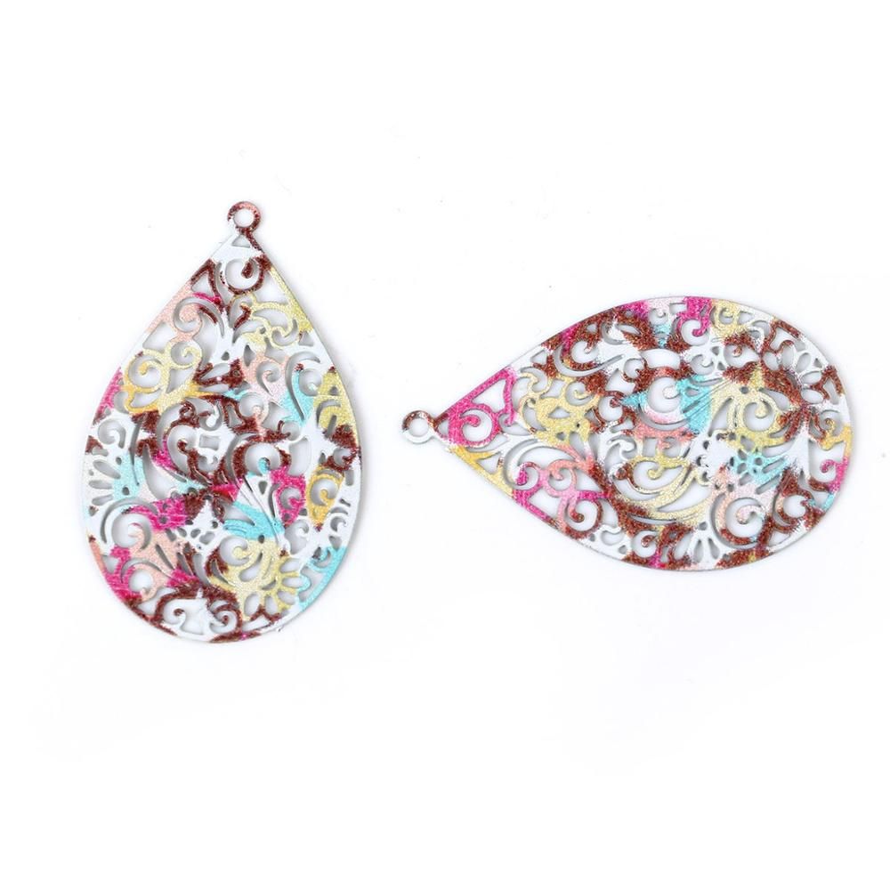 DoreenBeads Iron Based Alloy Enamel Filigree Painting Pendant Charms Water Drop Bohemia Style 30mm(1 1/8") x 19mm( 6/8"), 10 PCs