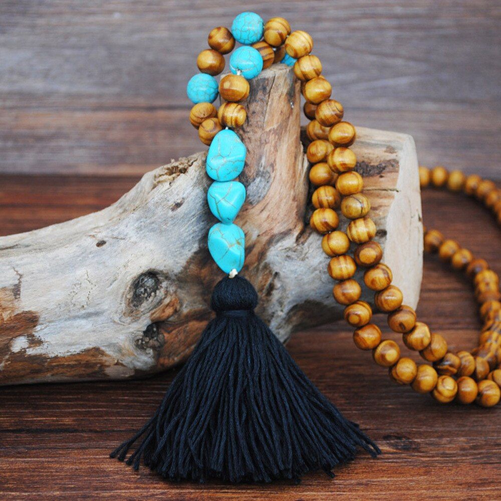 Ethnic Style Handmade Wooden Strand Bead Necklace Bohemian Tassels Sweater Chain Women Long Vintage Necklace Anniversary Gift