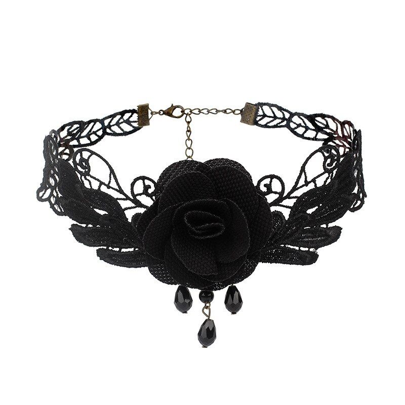 KMVEXO Gothic Chokers Black Beaded Flowers  Lace Neck Choker Necklace Vintage Tassel Chain Women Steampunk Halloween Jewelry