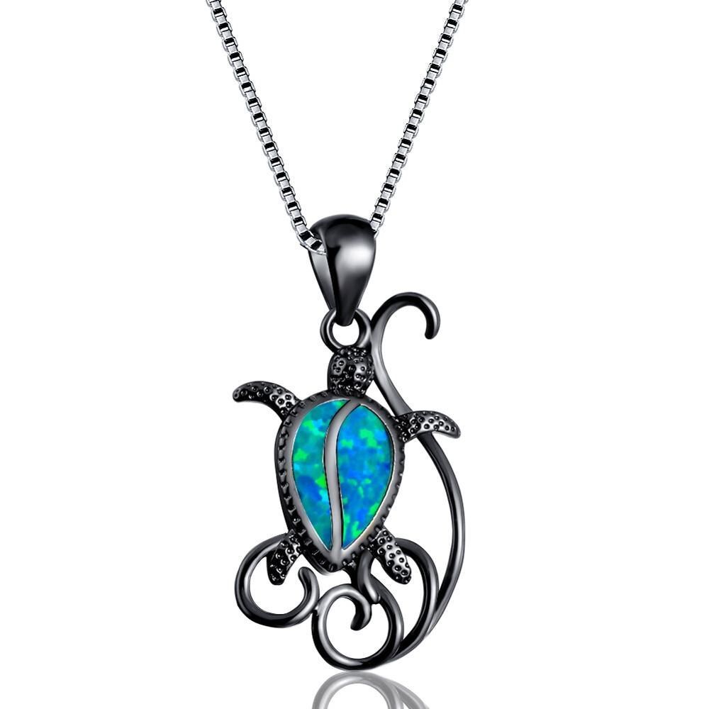 Fashion Beautiful Women Silver Color Charm Pendant Necklaces Blue/White Fire Opal Turtles Collar Necklaces Jewelry