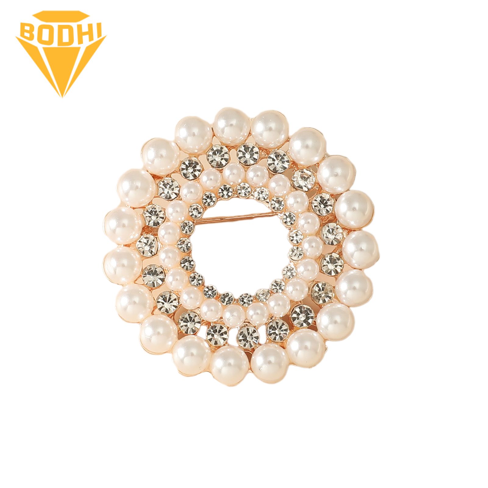 Women Round Faux Pearl Rhinestone Decor Brooch Pin Corsage Fashion Accessory