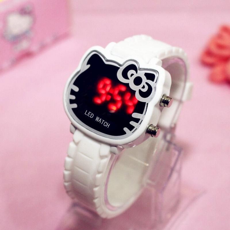 Hello Kitty Fashion Kids Watch LED Digital Girls Watches Women Ladies Bracelet Cute Cartoon Silica Strap Children Waterproof Quartz Wristwacthes Gifts