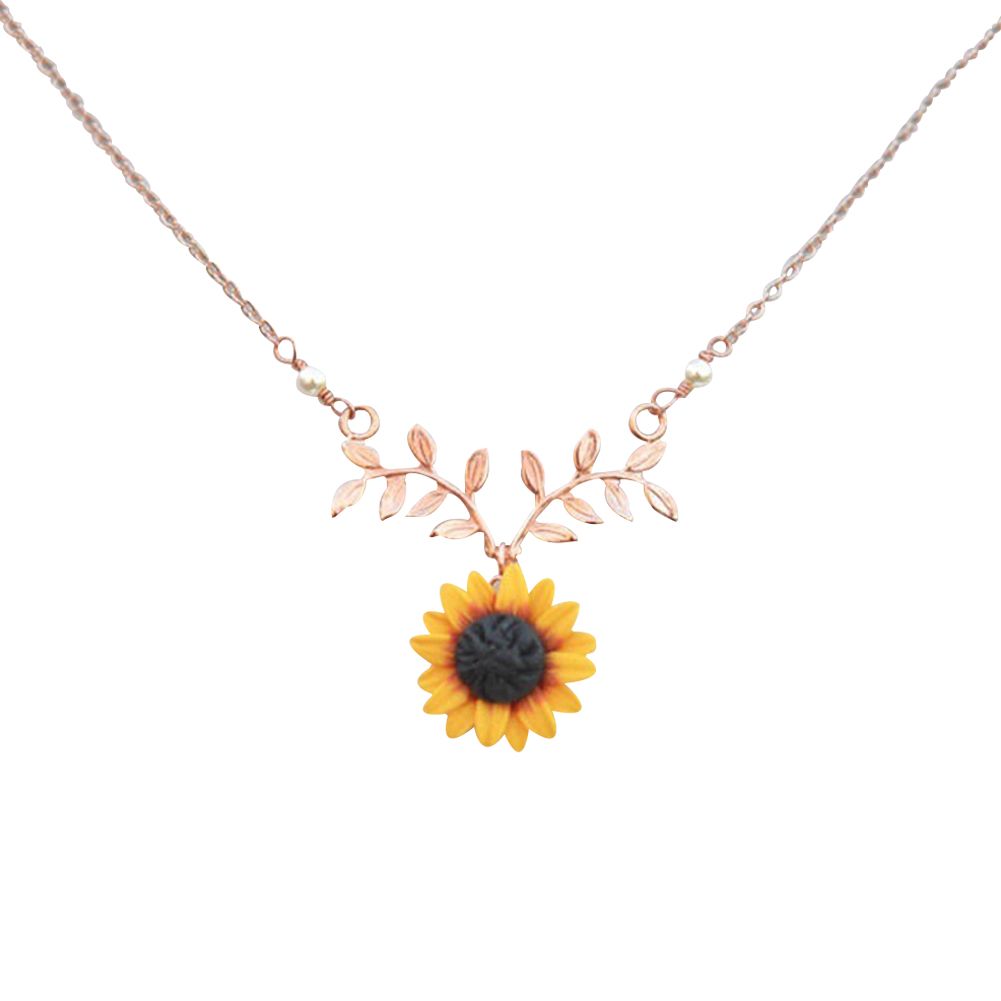 Fashion Women Faux Pearl Sunflower Leaf Branch Twig Pendant Necklace Jewelry