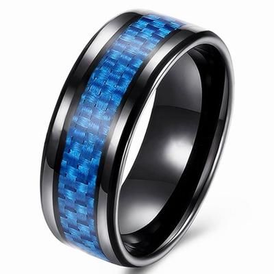 8mm Black Stainless Steel Ring Brushed Tungsten Ring Blue Carbon Fiber Ring Men's Engagement Jewelry Gift