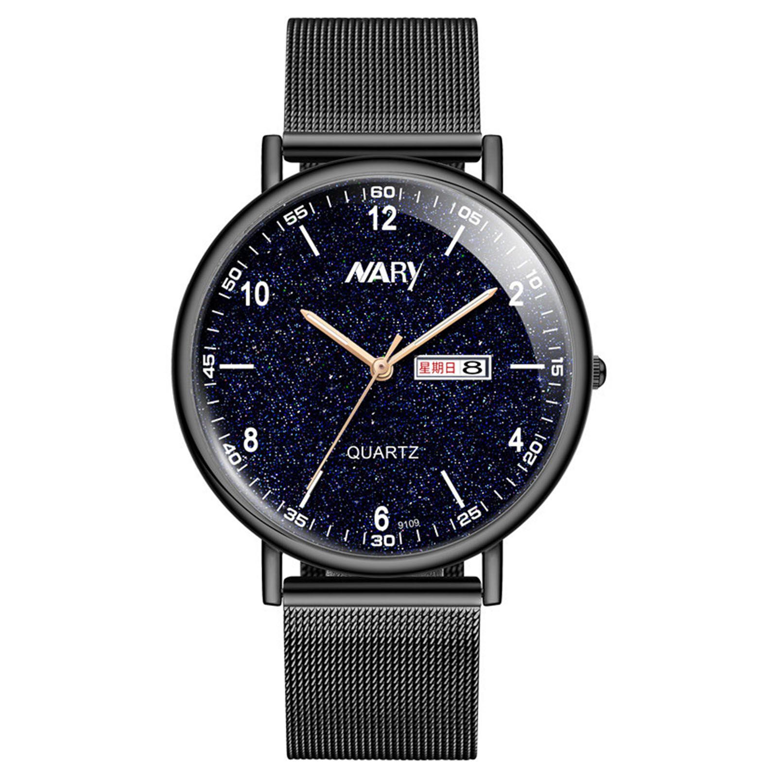 NARY Round Dial Luminous Calendar Starry Dial Numbers Men Work Watch Quartz Wristwatch