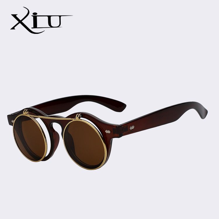 Brown w brownXIU Flip Up Round Shade Sunglasses Retro Vintage Men Women Brand Designer Sunglasses Punk Classic Eyeglasses UV400
