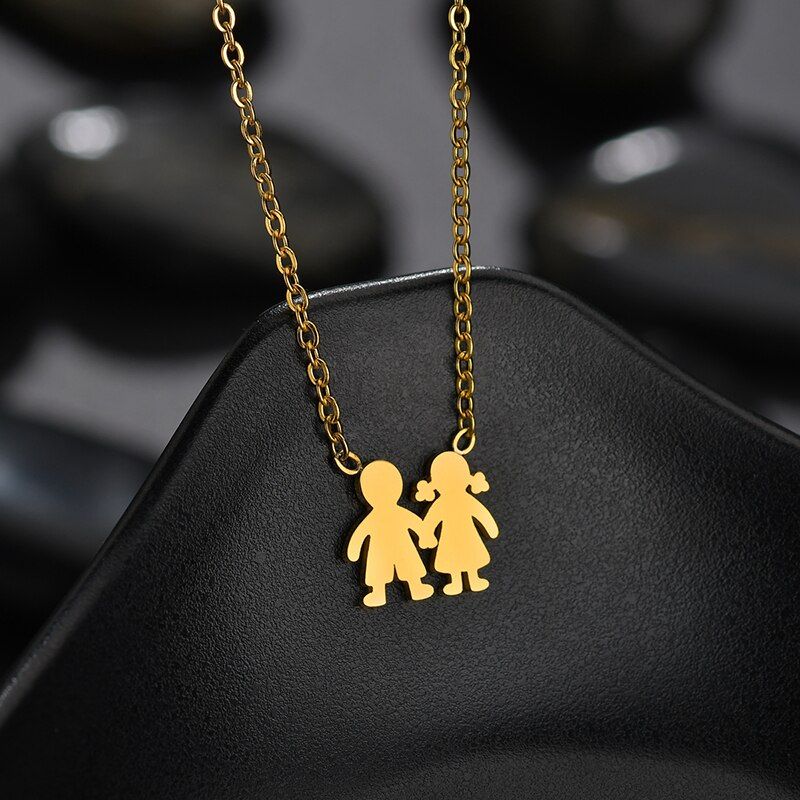ELSEMODE Gold Color Daughter Son Pendant Necklace Stainless Steel Boys Girls Family naszyjniki For Children Kid Jewelry Gift