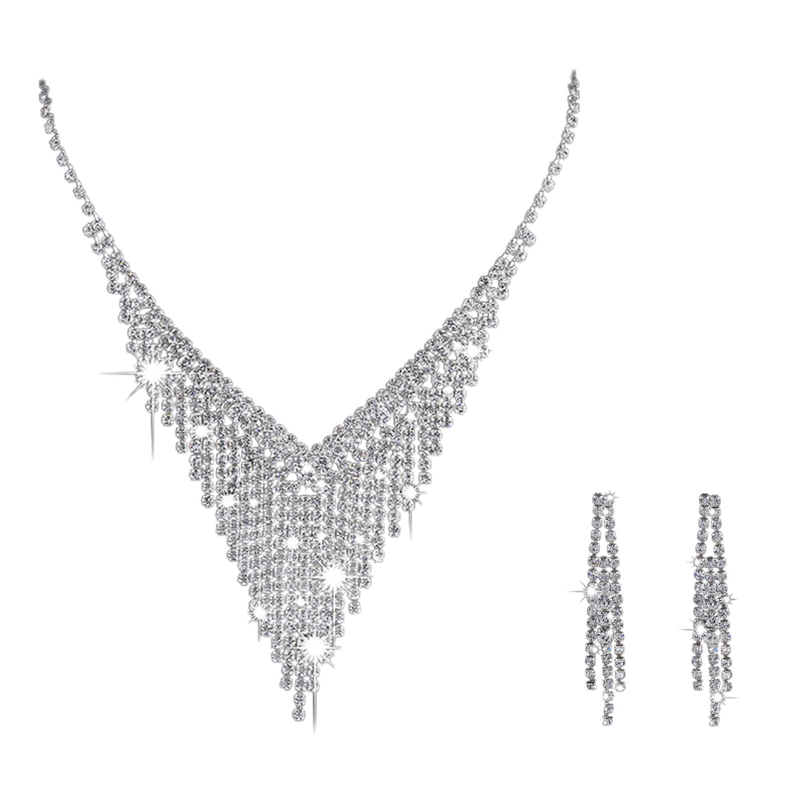 OIMG 1 Set Bridal Earrings Necklace Set Rhinestone Tassels Jewelry Hollow Out Shiny Choker Necklace Earrings For Wedding