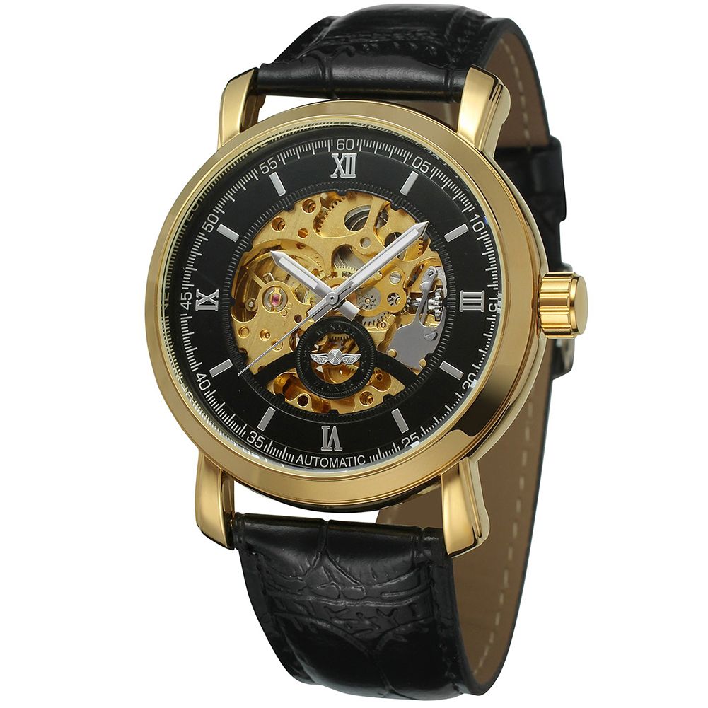 Winner 40 Man Fashion Leather Band Hollow Out Automatic Mechanical Watch with Round Dial