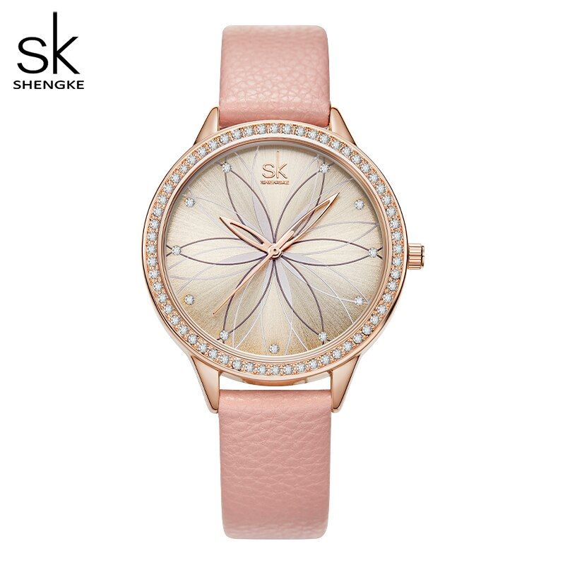 Shengke Women Watche Linear Flowers Sur Leather Watches Crystal Case Japan Quartz Movement Reloj Mujer Montres Femmes