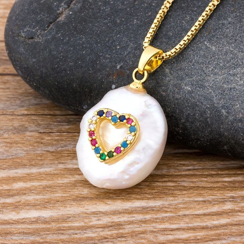 Fashion Colorful CZ Paved Tiny Heart Charm Freshwater Pearl Coin Gold Chain Chic Pendant Choker Necklace For Women Jewelry