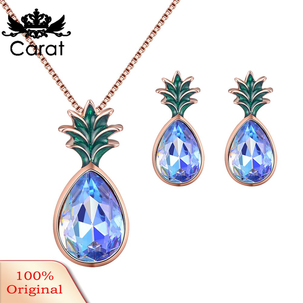 Carat Pineapple Shape Rhinestone Pendant Ear Stud Earrings Necklace Women Jewelry Set