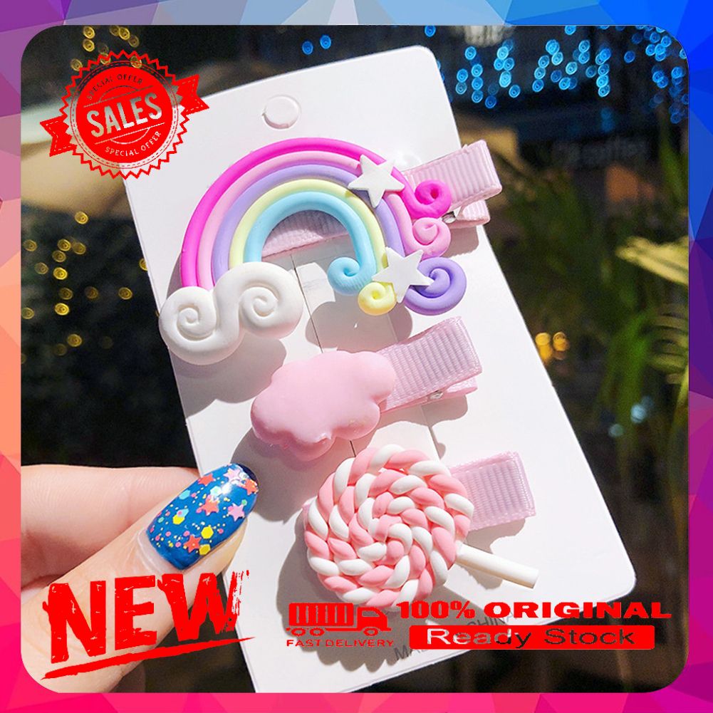 Vist fox 3Pcs Rainbow Cloud Lollipop Kids Girl Hairpins Side Bangs Hair Clip Accessory