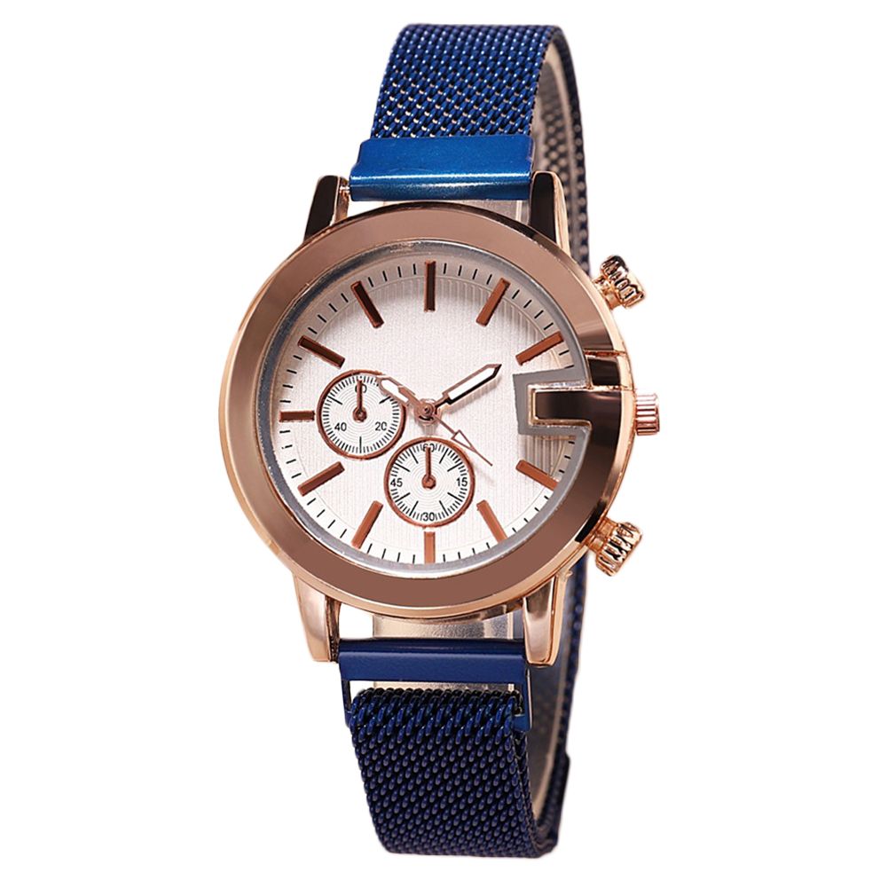 Women Round Sub Dial Mesh Band Magnetic No Number Analog Quartz Wrist Watch