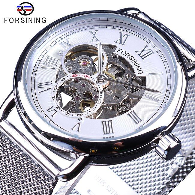 Forsining Fashion Classic Black Skeleton Mechanical Watches for Men Mesh Belt Transparent Case Waterproof Clock Male