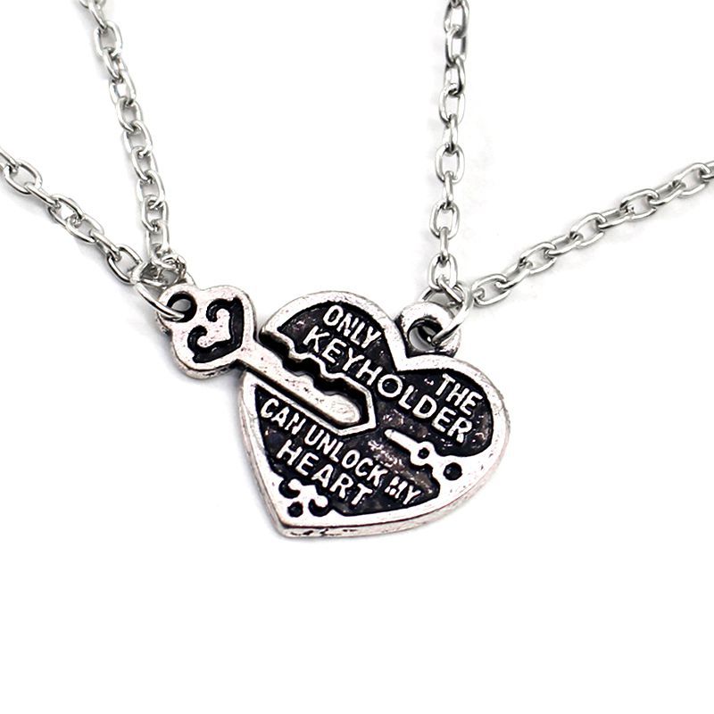 2pcs Hear Key Pendant Necklace Couples BBF Best Friends Necklaces Friendship Love Gifts (Silver)