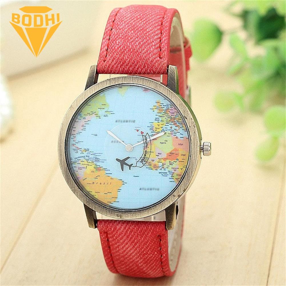 BODHI Denim Band Plane World Map Dial Analog Quartz Fashion Men Women Wrist Watch Gift