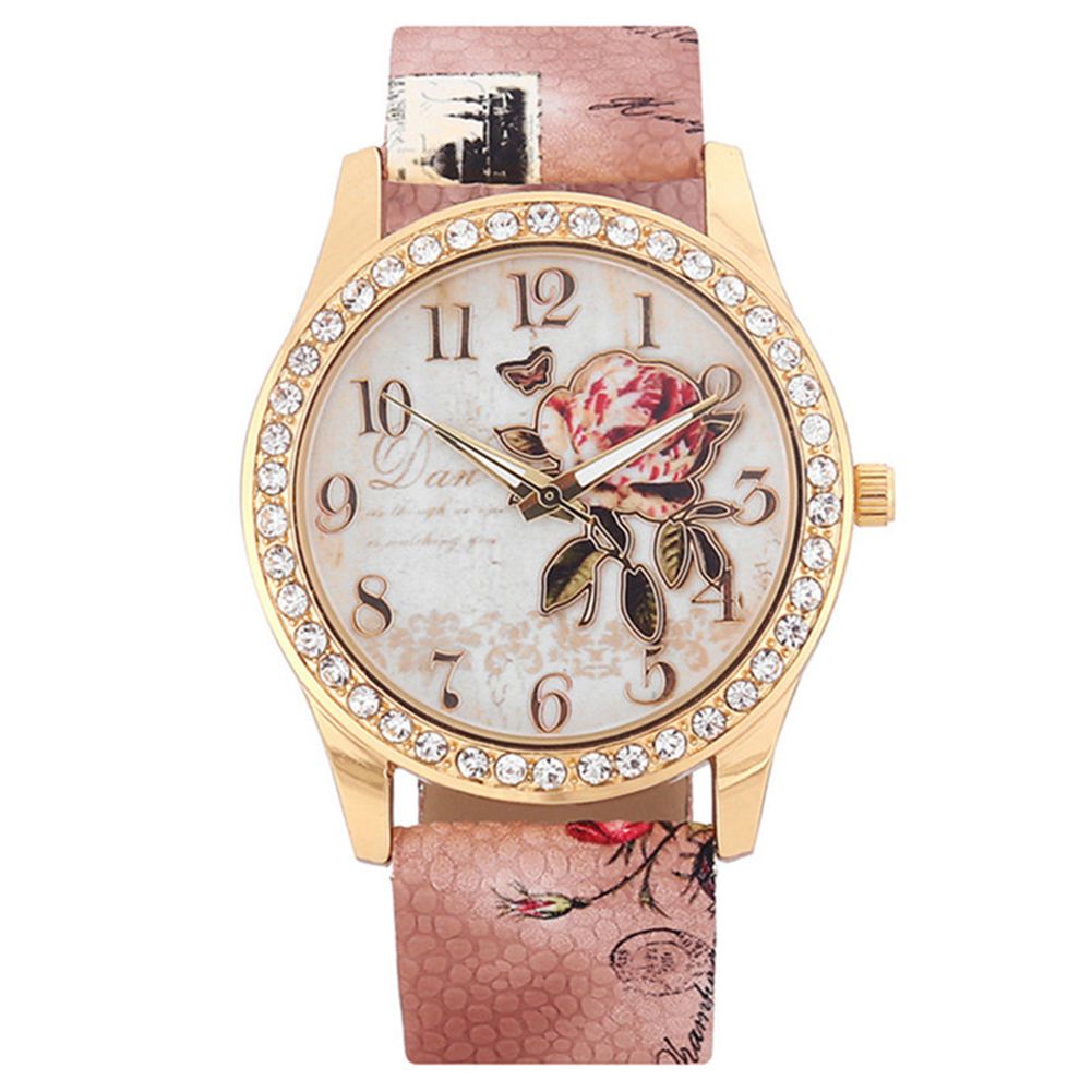 Fashion Women Rhinestone Wrist Watch Casual Rose Pattern Quartz Wristwatch