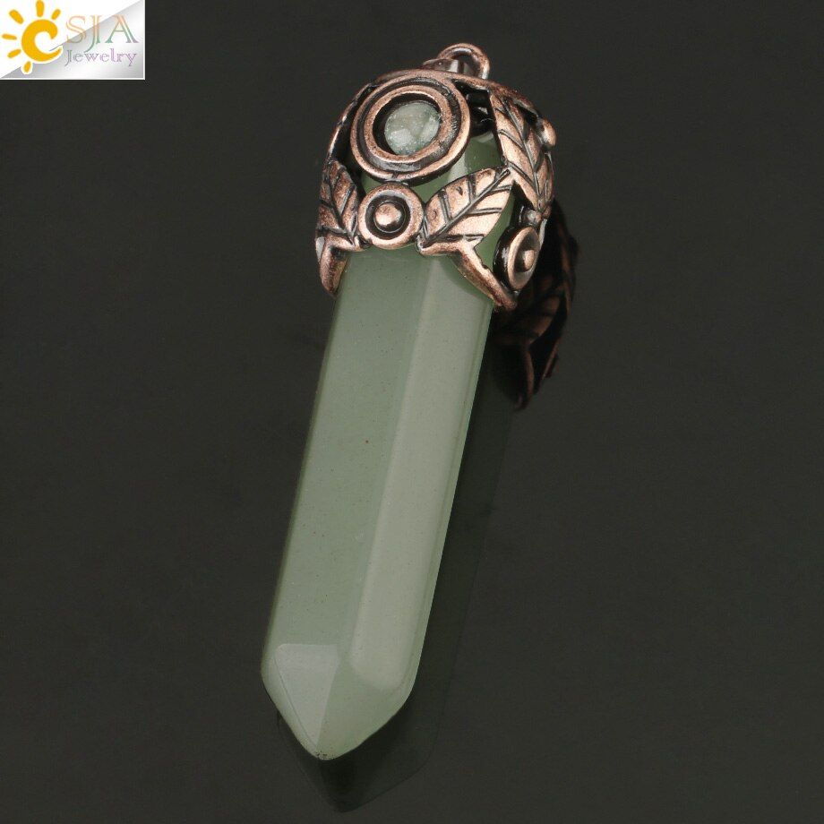 CSJA Natural Crystal Stone Pendants Red Antique Copper Hexagonal Column Energy Pendant Female Men Necklaces Vintage Jewelry G178