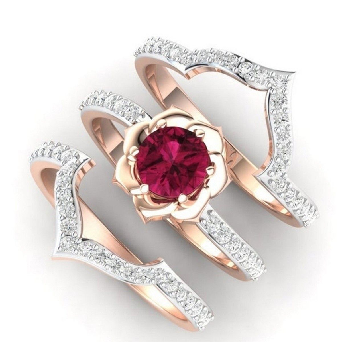 3Pcs Elegent Women Faux Ruby Rhinestone Inlaid Finger Band Gift