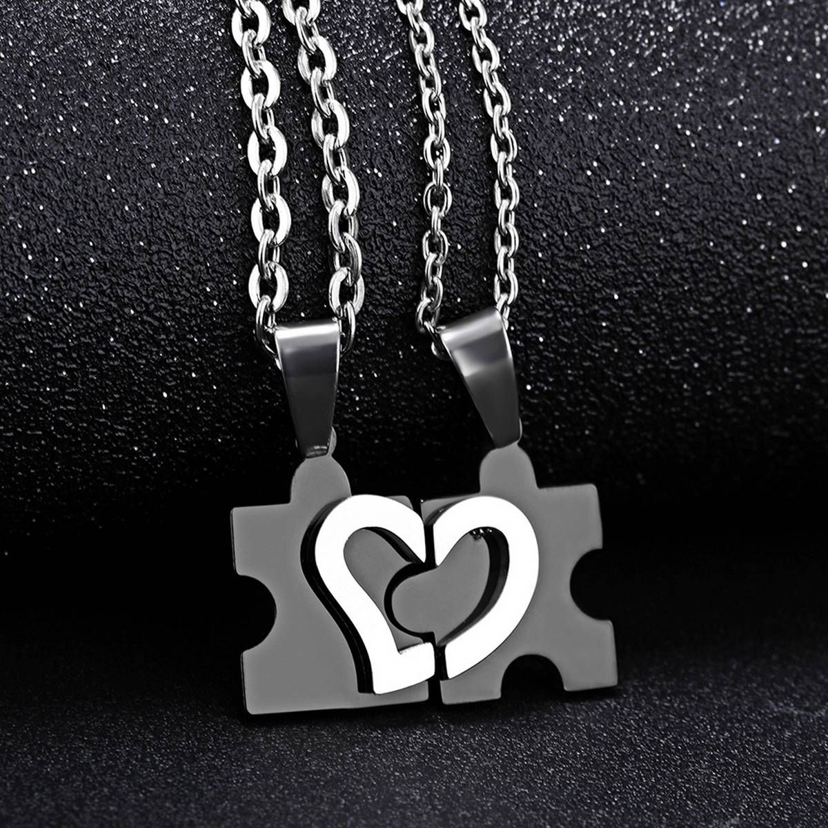 Men's Women's Fashion Couple Stainless Steel Love Heart Puzzle Pendant Necklace