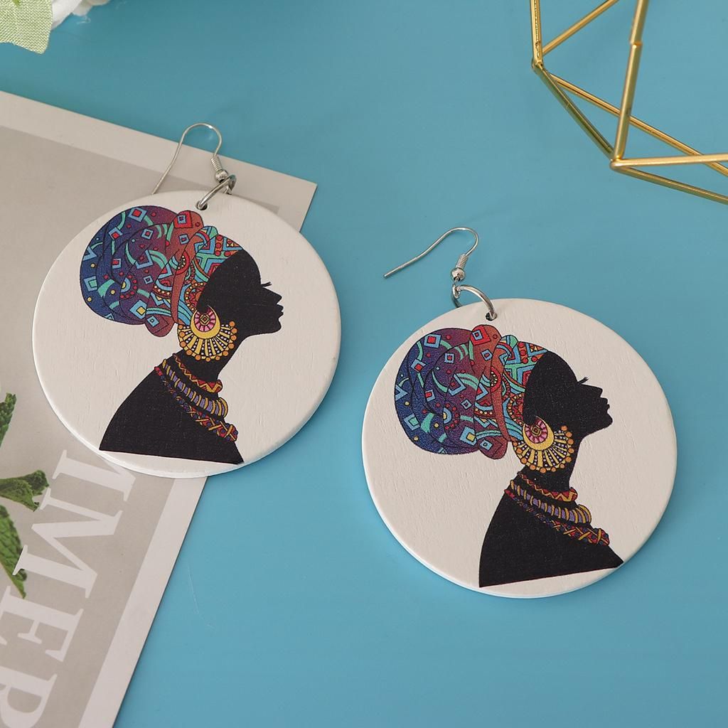 3xEthnic Vintage Round African Lady Tribe Dancing Wooden Dangle Earrings Stud