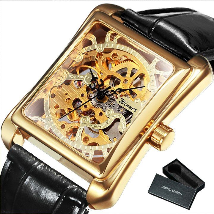 WINNER Top Brand Mechanical Watch Luxury Skeleton Wrist Watches Dial Leather Strap Unisex Fashion Square Thin montre homme luxe