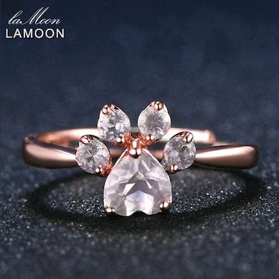 LAMOON 925 Sterling Silver Ring For Women Bear Paw Rose Quartz Gemstone 18K Rose Gold Adjustable Ring Fine Jewelry RI027-2