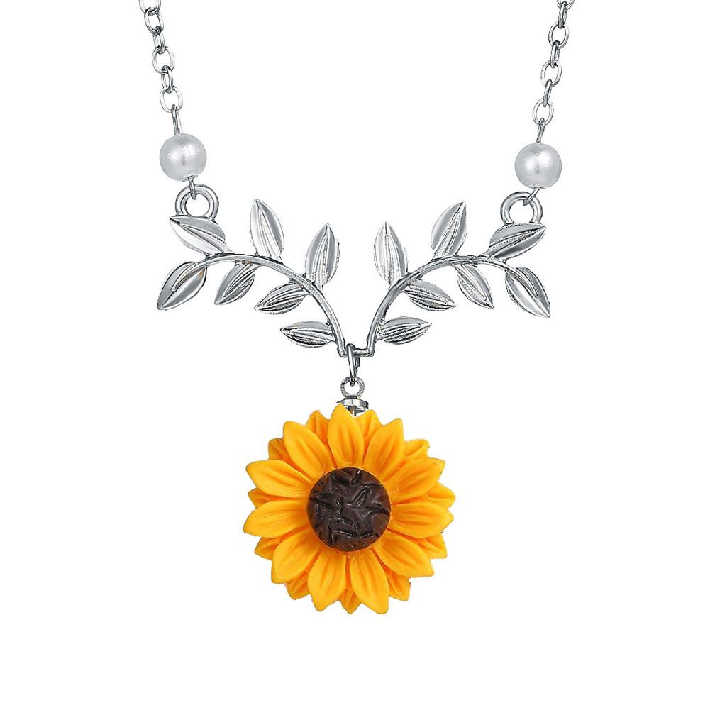 Women Fashionable Sunflower Necklace Leaf Flower Pendant Sweater Chain