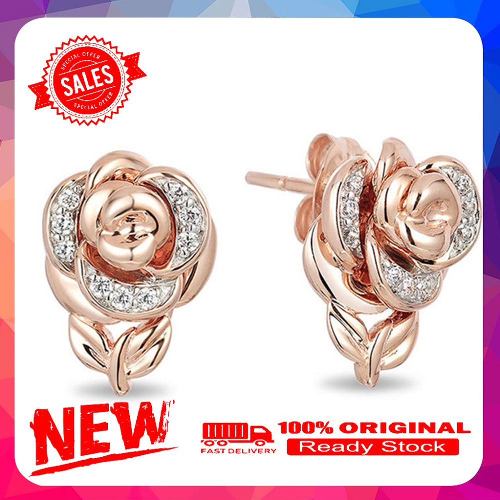 Women Fashion Rhinestone Rose Flower Pendant Necklace Earrings Ring Jewelry Gift