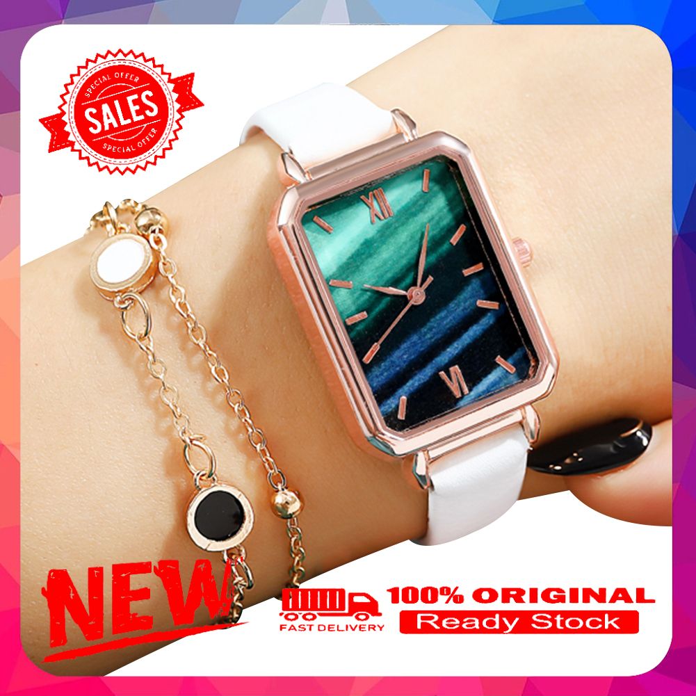 Women Lady Simple Green Square Indicator Analog Dial Wrist Watch with Bracelet