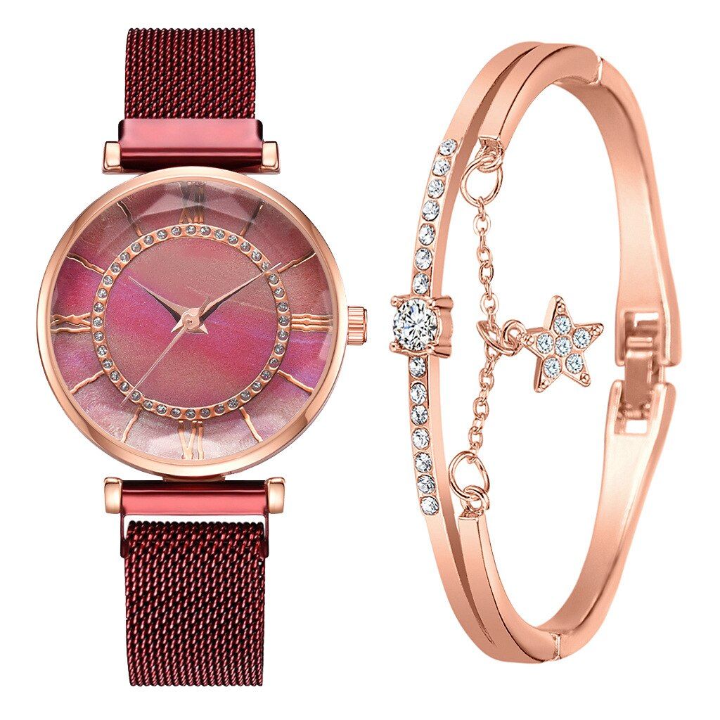2PCS Ladies Watch Magnetic Buckle Alloy Mesh Belt Quartz Watch Casual Fashion Crystal Bracelet Watch Ladies Ultra-thin Clock