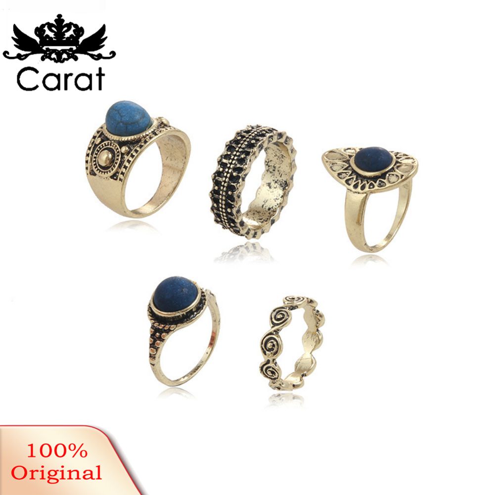 5Pcs/Set Bohemian Vintage Blue Stone Alloy Finger Ring Women Charming Jewelry