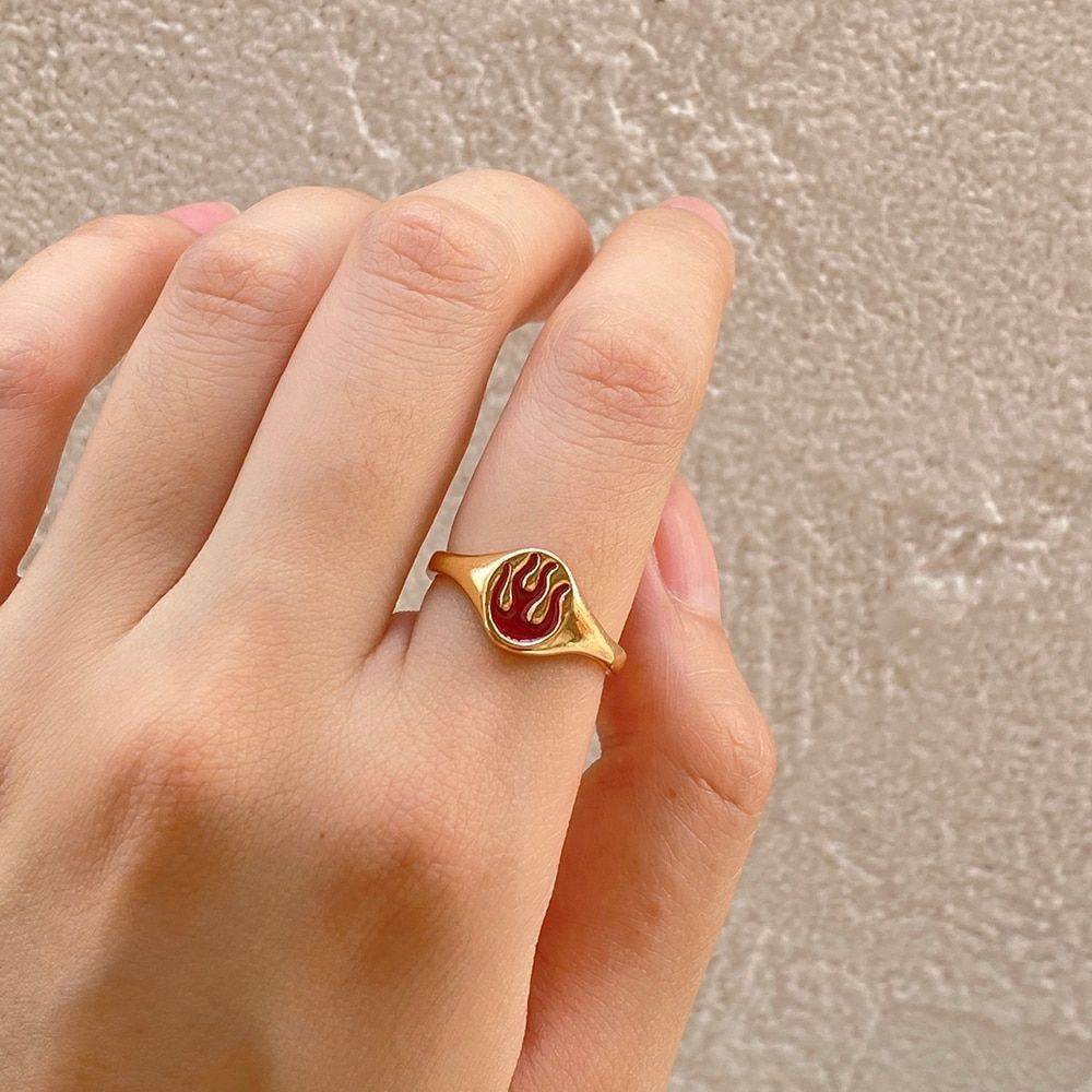New Ins Creative Simple Colorful Flame Ring Vintage Trendy Drop Oil Pink Star Cherry Rings for women Girls Fashion Jewelry Gift(null)