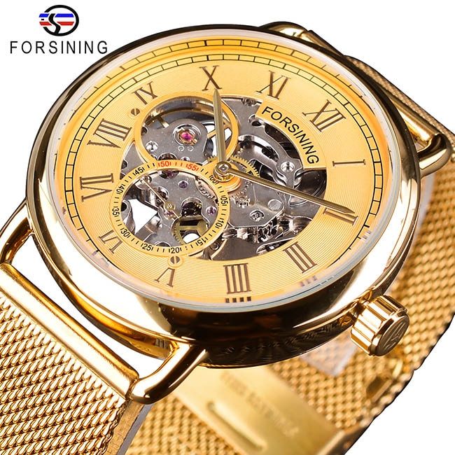Forsining Classic Black Silver Skeleton Clock Mesh Band Design Waterproof Men's Mechanical Watches Top Brand Luxury Montre Homme