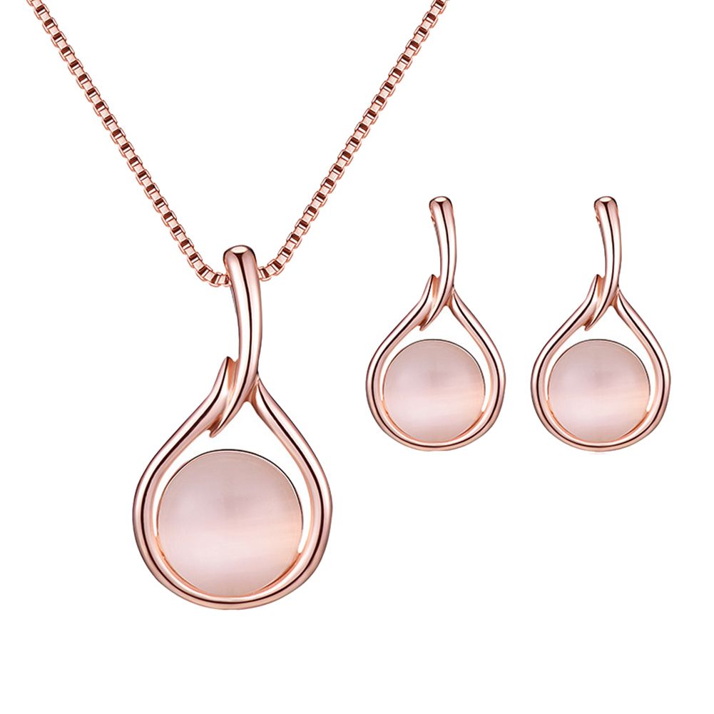 Women Round Shape Faux Opal Pendant Necklace Ear Stud Earrings Jewelry Set Gift