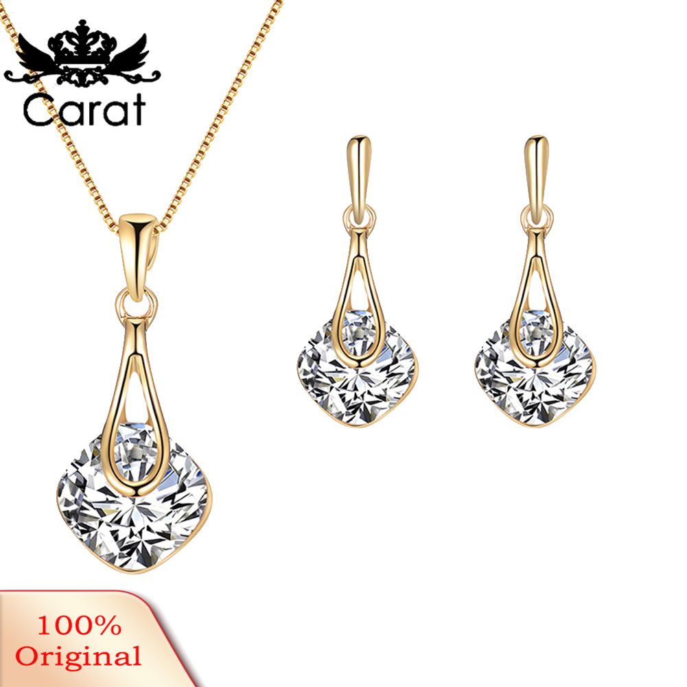 Carat Water Drop Pendant Square Rhinestone Ear Stud Earrings Necklace Lady Jewelry Set
