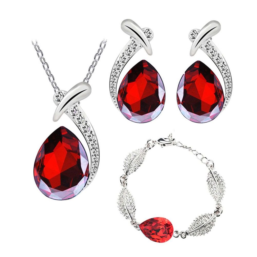 Lady Rhinestone Inlaid Water Drop Pendant Necklace Bracelet Earrings Jewelry Set