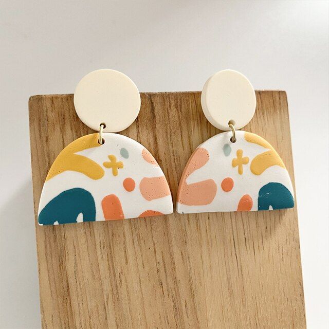 Spring Color Polymer Clay Dangle Earrings For Women Geometric Hand Painted Simplicity
