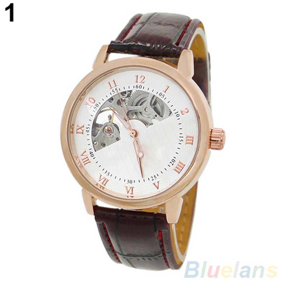 Men's Mechanical Hollow Dial Faux Leather Band Arabic Numerals Wrist Watch