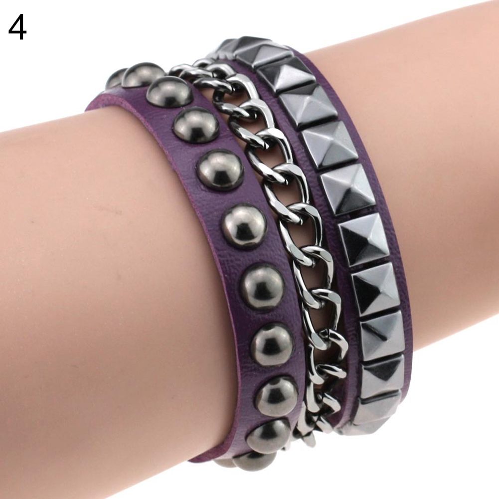 Women's Layered Punk Rock Rivet Bracelet Studded Faux Leather Metal Chain Bangle