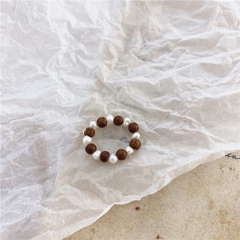 FFLACELL New Vintage And Elegant Korean Natural Freshwater Pearl Shell Beaded Adjustable Ring Set Women Fashion Party Jewelry