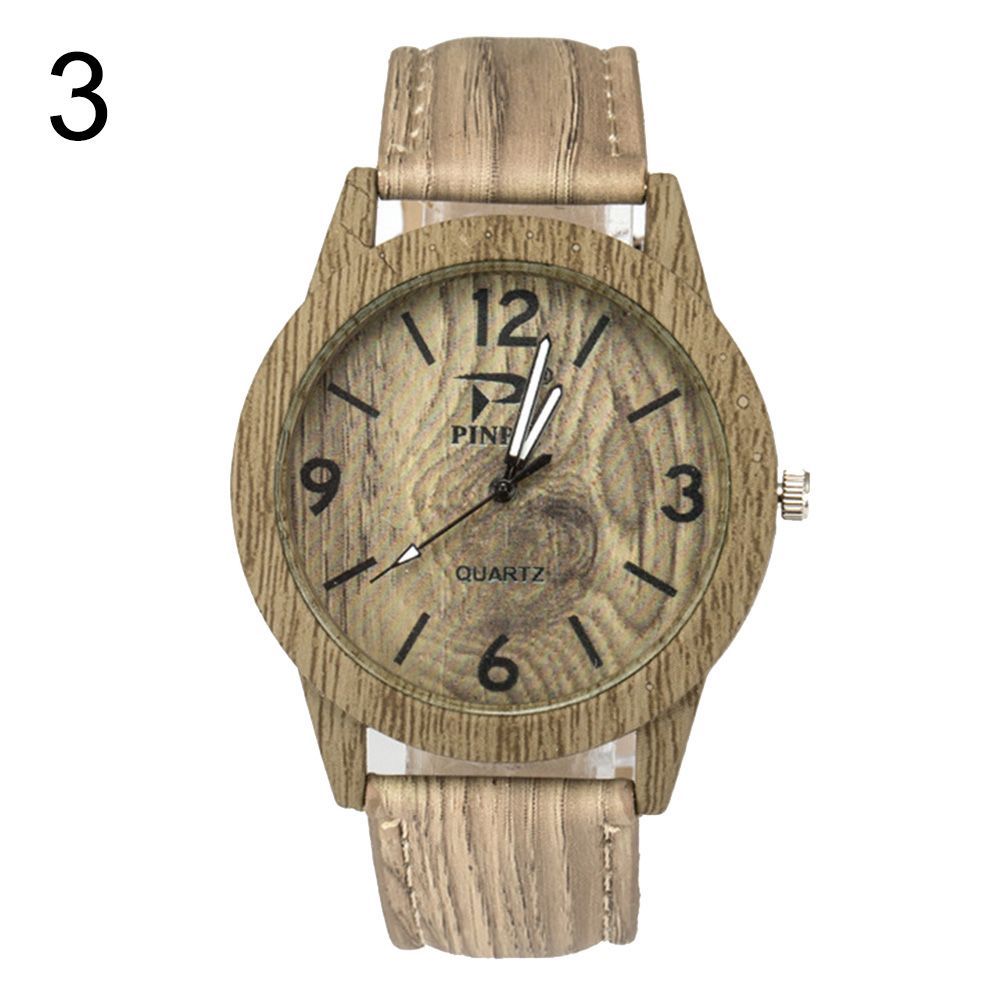 Men Simple  Round Dial Wood Grain  Leather Band Quartz Wrist Watch