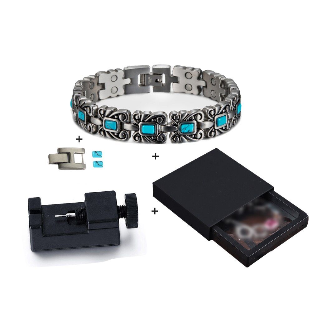 Magnetic Bracelet for Women Blue Stone Vintage Flower Steel Magnetic Bracelet Benefits Arthritis Health Energy Bracelet Femme