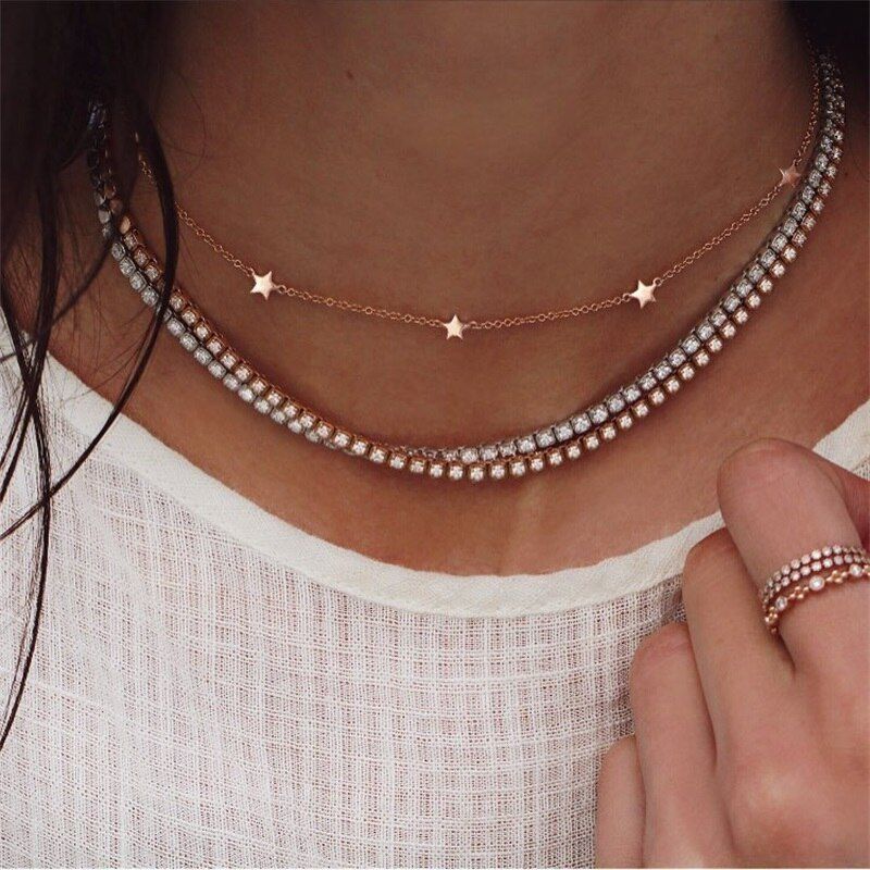 4Pcs/Set Women Fashion Water Drops Star Moon Gem Pendant Chain Silver Color Multilayer Clavicle Necklace Classic Girl